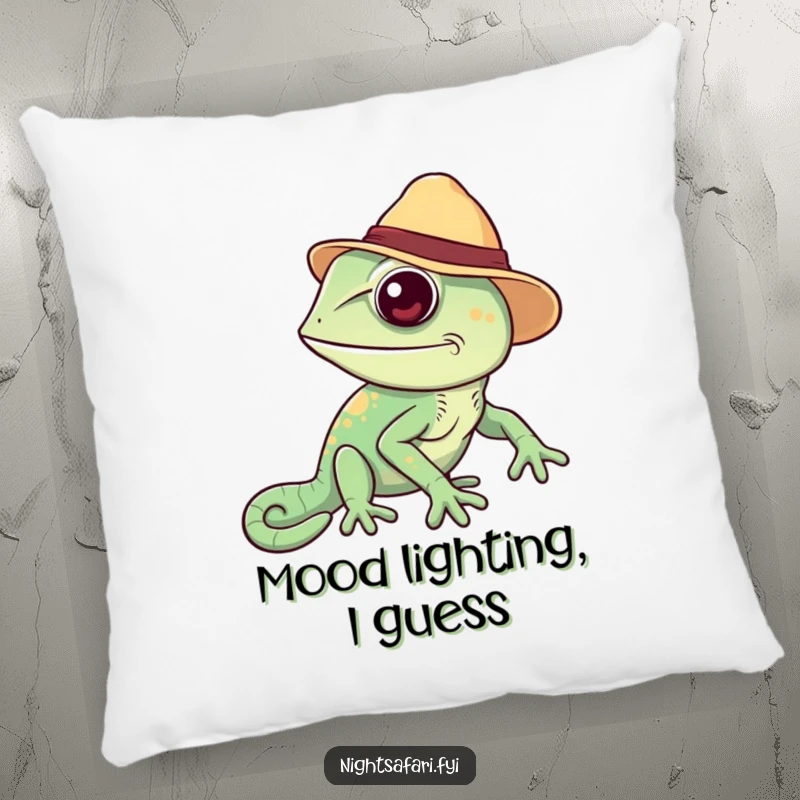 Funny Chameleon Pillow: A cheerful chameleon in a safari hat, changing colors, a soft and humorous decorative item.