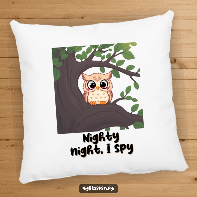 Funny owl pillow with wide eyes, curiously peering from a shadowy tree branch, soft and mysterious decor.