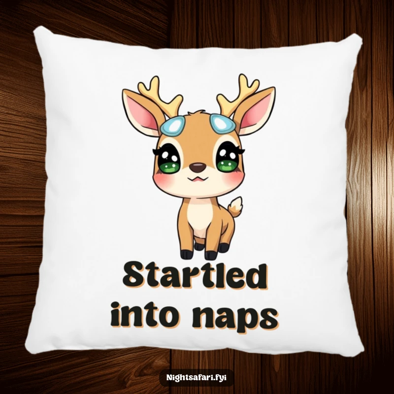 Funny Deer Glowing Eyes Pillow: A surprised deer wearing glowing eyes looks up, offering comfort and woodland magic, a delightful funny gift.