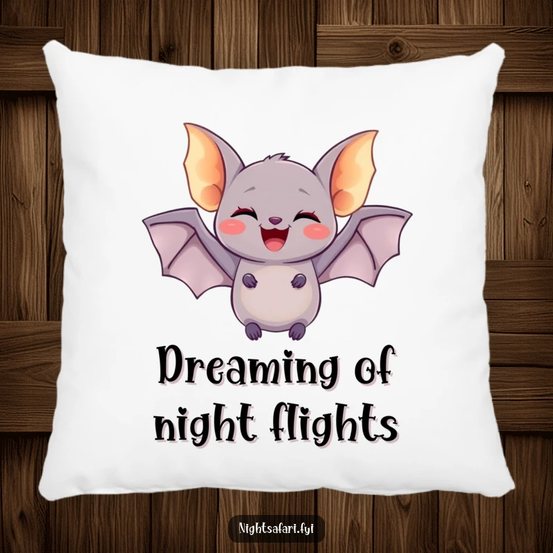 Funny accent pillow with a delighted bat featuring tiny glowing wings, doing a joyful flutter, adding comfort and spooky humor.