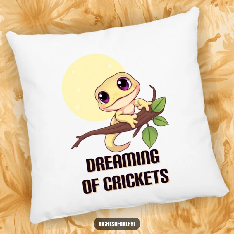 Funny pillow featuring a cute gecko with large eyes, nestled on a moonlit branch, offering comfort.