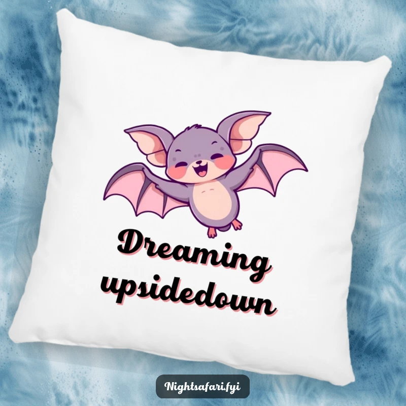 Funny pillow showing a giggling bat character mid-loop-the-loop overhead, offering soft, humorous comfort.