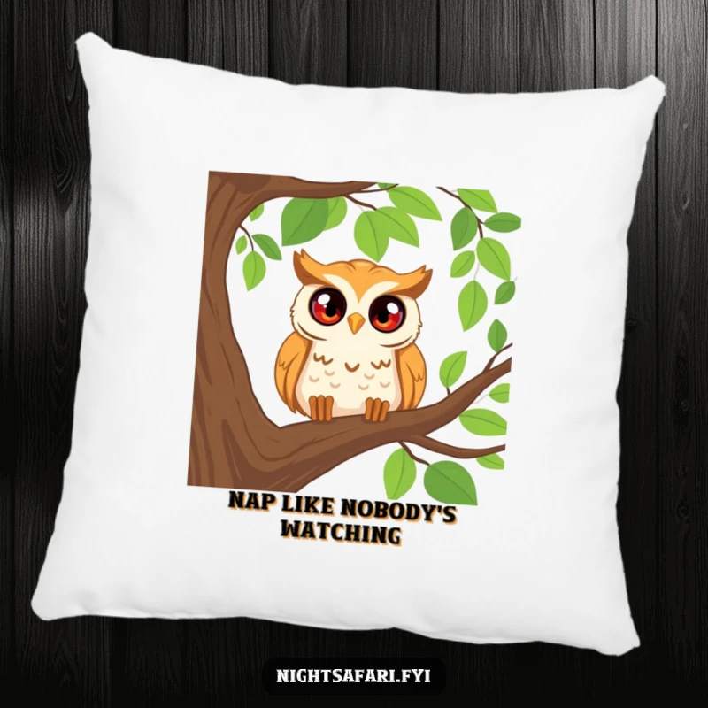 Funny accent pillow with a happy owl and wide, curious eyes peering from a tree, adding comfort and humor.