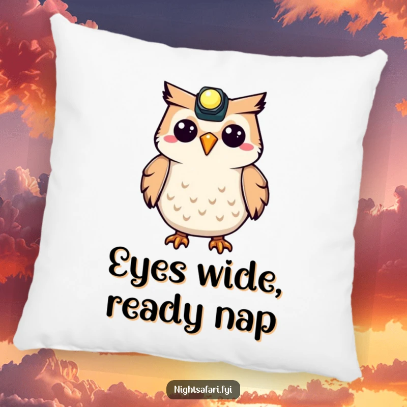 Funny Owl Pillow with a happy owl wearing a headlamp, perfect for adding humor and comfort to a couch or bed.