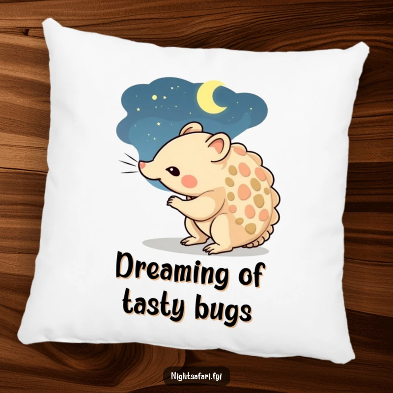 Funny decorative pillow featuring a curious pangolin character nestled peacefully, sniffing the night air.