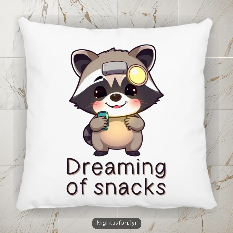 Funny cheerful raccoon wearing a headlamp rummaging, featured on a soft pillow for humorous home accents.