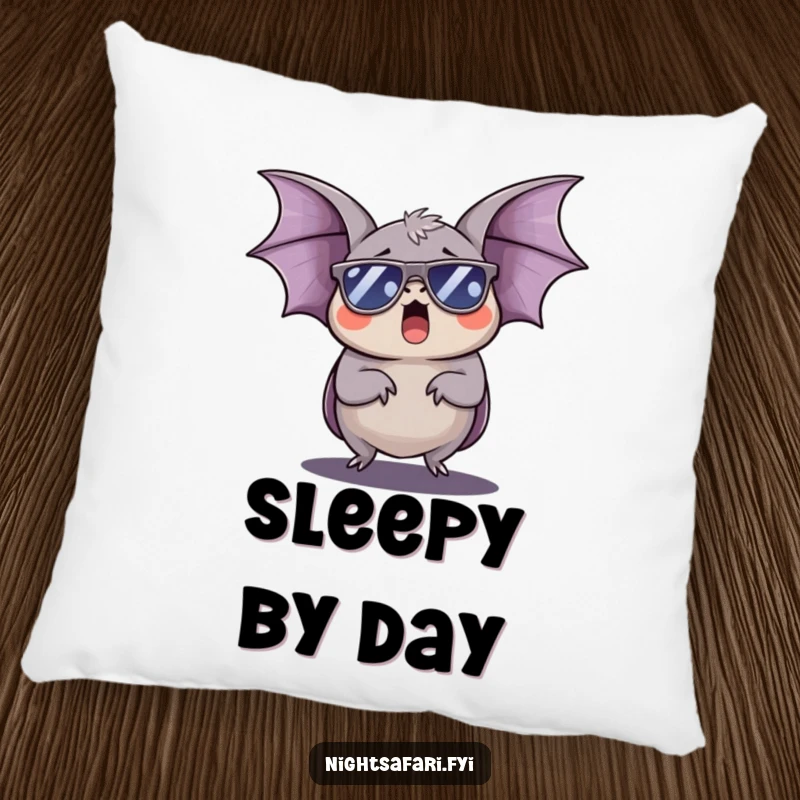 Funny Bat Pillow: A sleepy bat in sunglasses yawns widely, offering soft comfort and humorous, cool vibes.