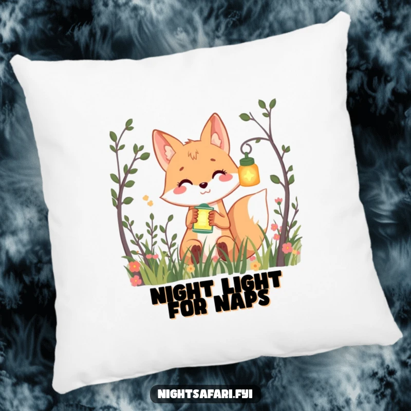 Funny accent pillow with a smiling fox holding a glowing lantern, peeking from bushes, adding comfort and humor.