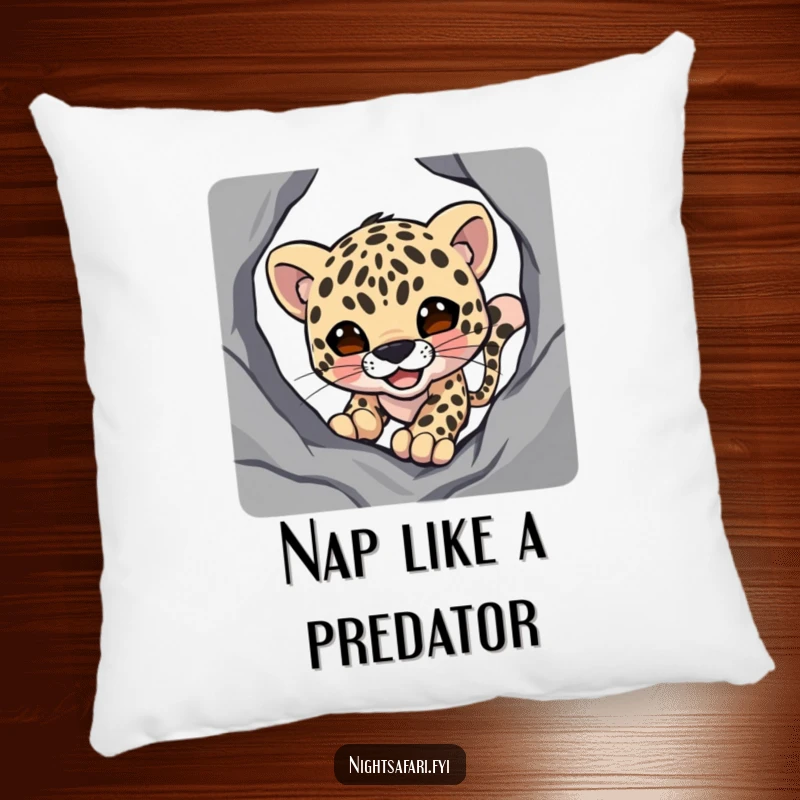 Funny pillow featuring a smiling leopard character stealthily prowling within subtle shadows, offering plush comfort.