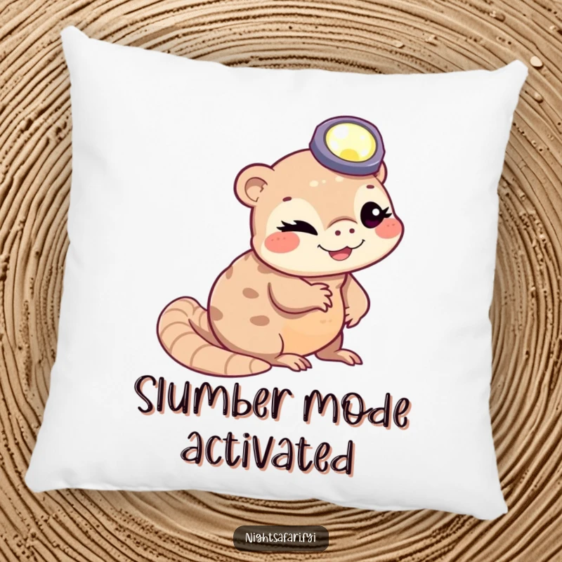 Funny winking pangolin wearing a headlamp slithering, featured on a soft pillow for humorous and comfortable decor.