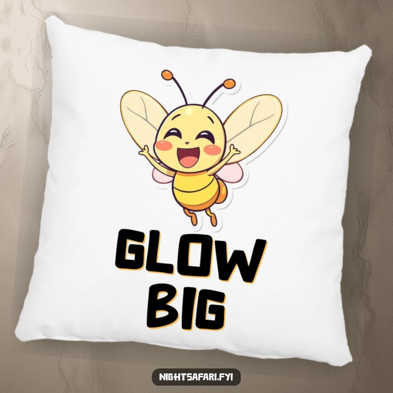 Funny Firefly Pillow: A soft cushion featuring an excited firefly character glowing brightly, offering comfort and cheerful illumination.