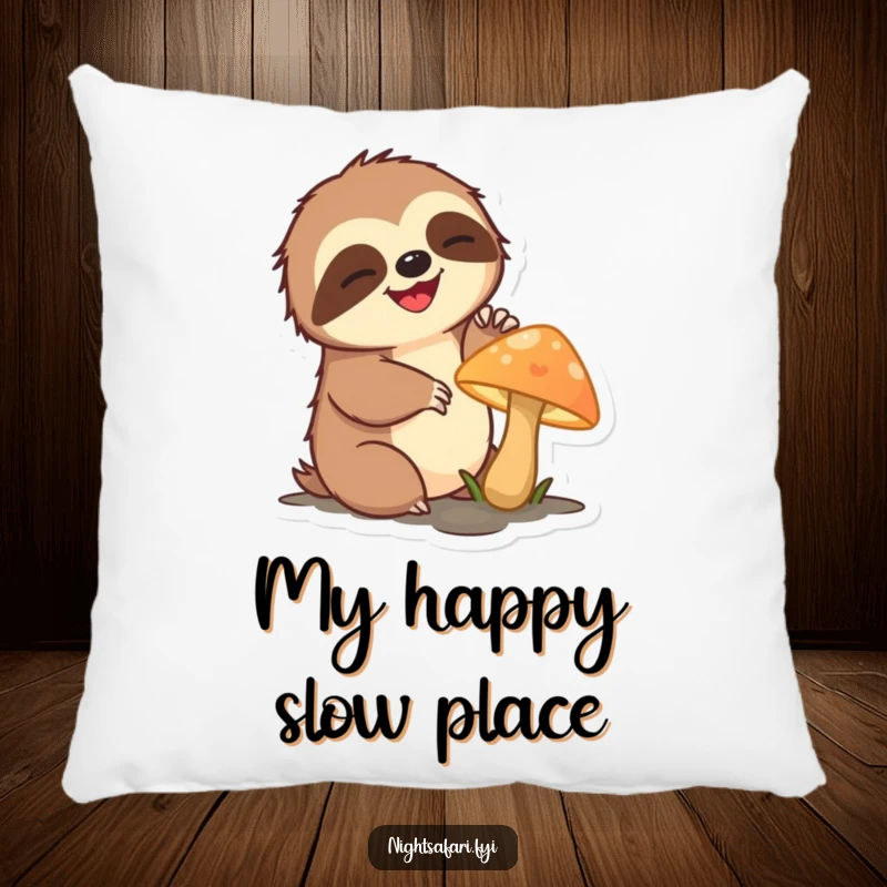 Funny sloth pillow featuring a delighted sloth character slowly reaching for a glowing mushroom, perfect for comfort.