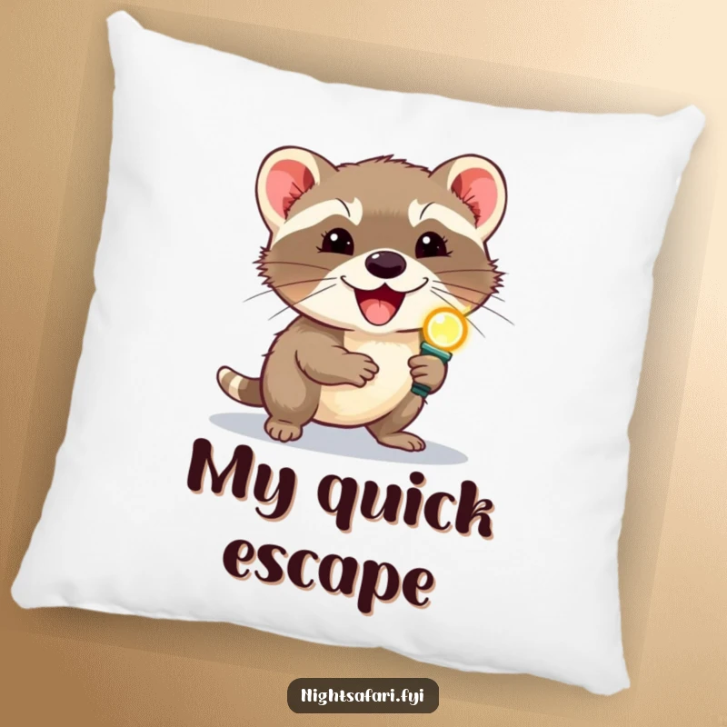 Funny delighted civet wearing a headlamp scurrying, featured on a soft pillow for humorous and delightful home decor.