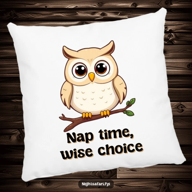 Funny owl pillow featuring a cheerful wide-eyed owl character perched on a branch, offering plush comfort and smiles.