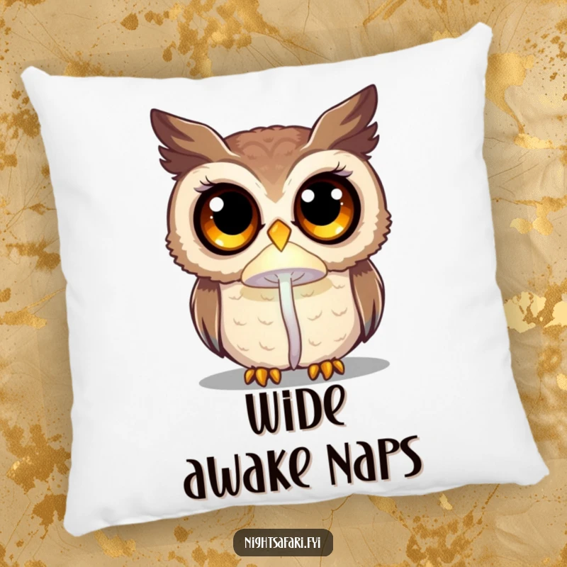 Funny curious owl with large eyes, lit by a glowing mushroom, a soft decorative pillow for enchanted comfort.