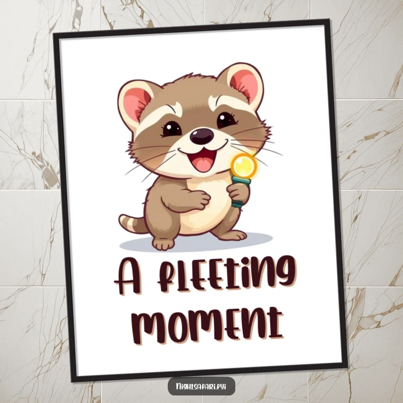 Funny delighted civet wearing a headlamp scurrying, available as an instant digital art print for humorous decor.