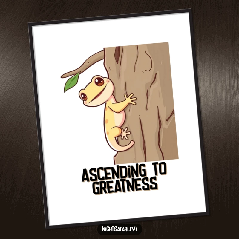 Funny Gecko Digital Art Print: A giggling gecko with a long tail scurrying up bark, creating instant joyful and humorous decor.