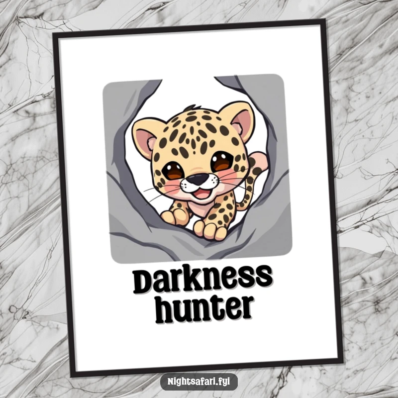 Funny digital art print of a smiling leopard character stealthily creeping through deep shadows, perfect for dramatic decor.