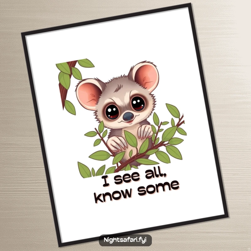 Funny Bushbaby Digital Art Print: A curious bushbaby with big eyes peering from foliage, bringing enchanting and humorous art to life.