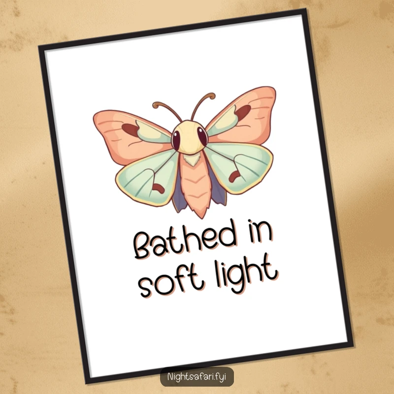 Funny Digital Art Print: A moth with large, curious antennae humorously drawn to a soft, glowing light source.
