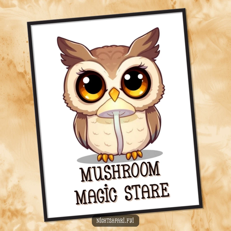 Funny curious owl with oversized eyes illuminated by a faint glowing mushroom, a magical digital art print.