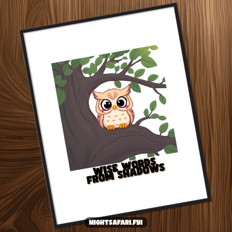 Funny digital art print of a curious owl with wide eyes peering from a shadowy tree branch.