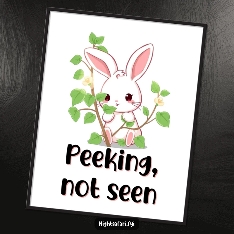 Funny Digital Art Print: A cute bunny humorously peeking from behind a vibrant, luminous vine, creating charm.