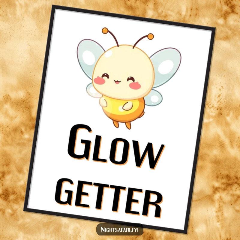 Funny firefly digital art print of a cheerful firefly character emitting a soft, warm glow.