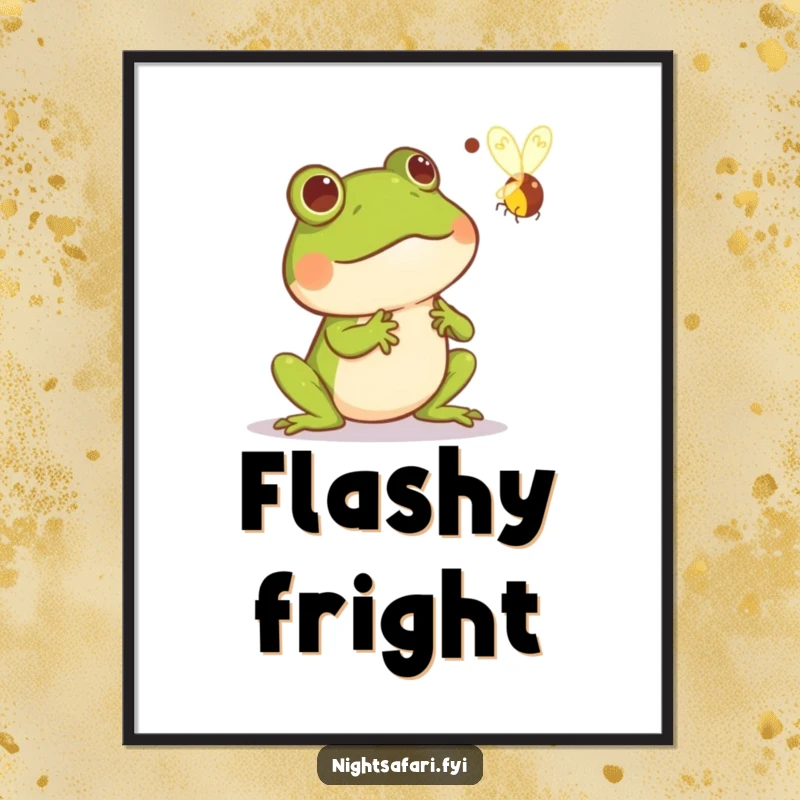 Funny digital art print of a frog comically startled by a zipping firefly, capturing a moment of surprise and delight for wall decor.