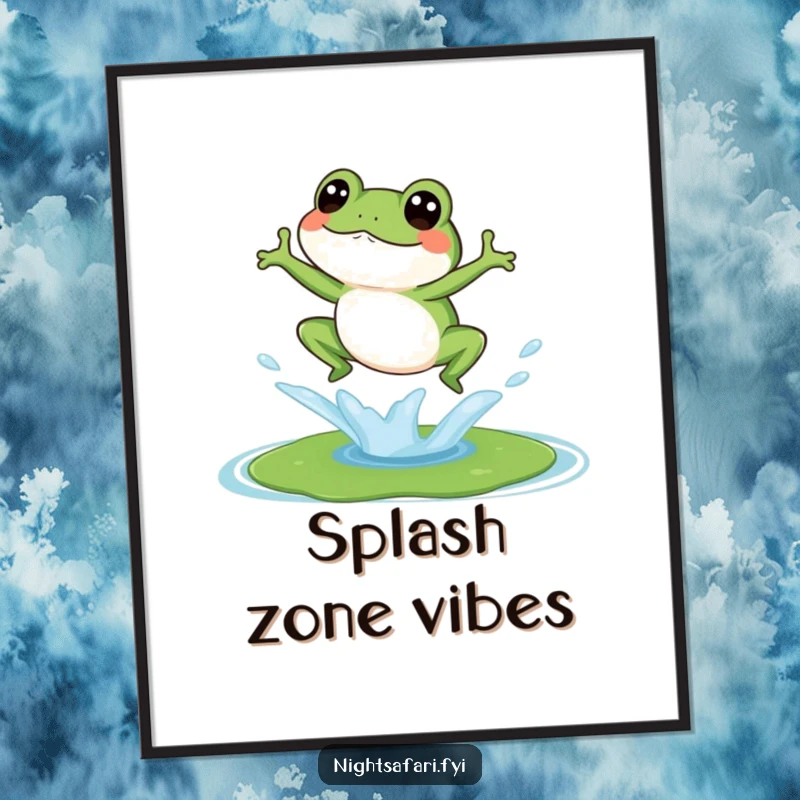 Funny, high-resolution digital art print of a giggling frog splashing joyfully onto a lily pad.