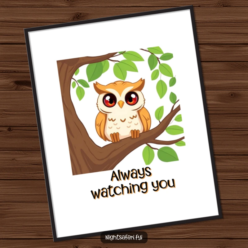 Funny digital art print of a happy owl with wide, curious eyes peering from a tree branch, perfect for charming decor.