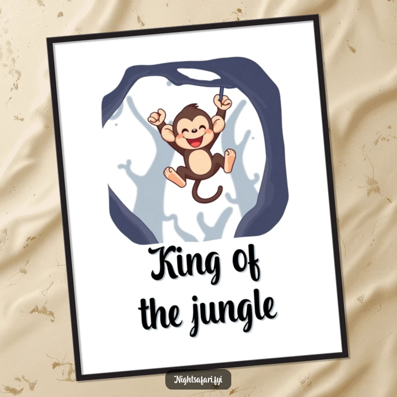 Funny monkey digital art print of a jubilant monkey character swinging playfully through the darkness.