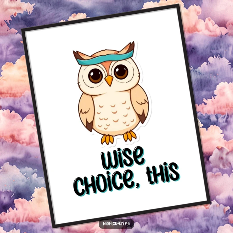 Funny Owl Headband Digital Art Print: A cute owl wearing a headband hoots, perfect for wise wall decor, a downloadable funny gift.