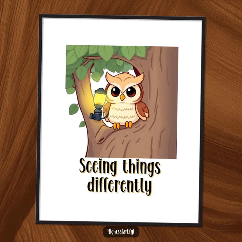 Funny owl artwork with a headlamp peeking from a tree, perfect for digital download and curious decor.