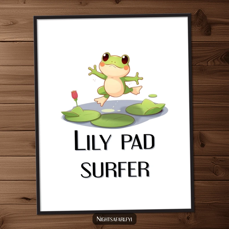 Funny digital art print of a playful frog character leaping across lily pads in dim light, perfect for serene decor.