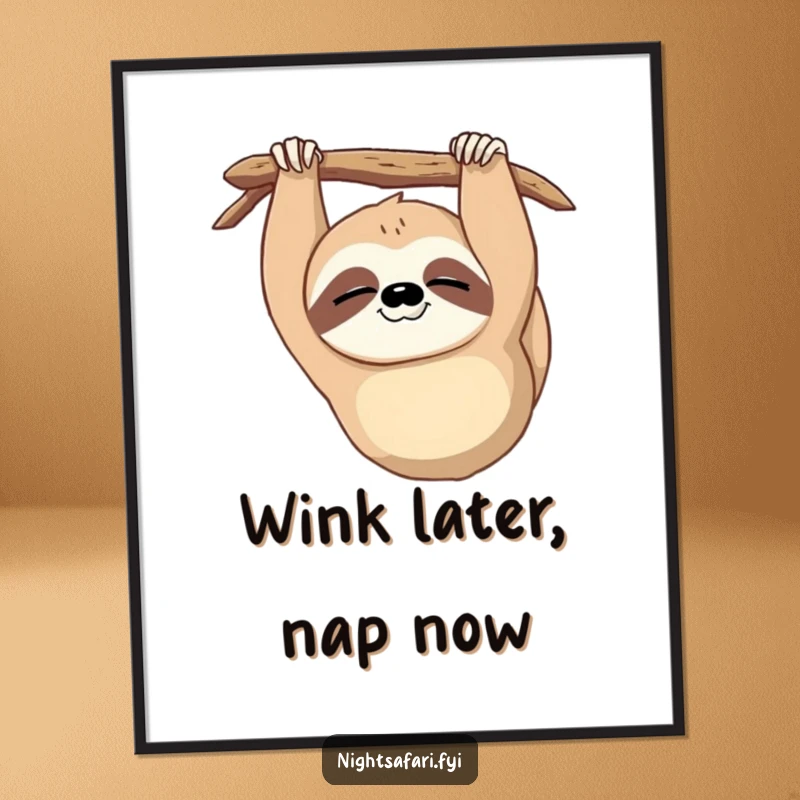 Funny Sloth Wink Digital Art Print: A sleepy sloth hanging upside down blinking, ideal for an instant funny gift.