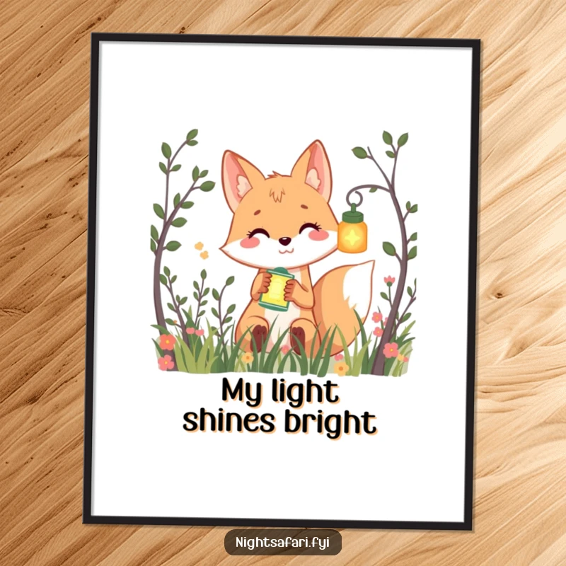 Funny digital art print of a smiling fox playfully peeking from bushes, holding a glowing lantern, perfect for enchanting decor.