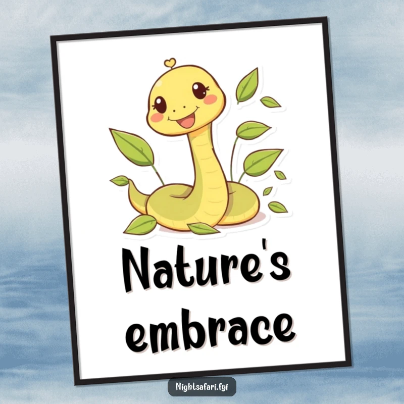 Funny digital art of a happy snake character playfully winding its way through a vibrant arrangement of leaves.