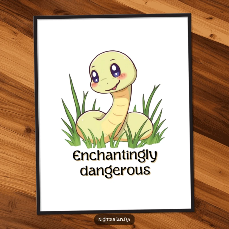 Funny digital art print of a smiling snake with intense glowing eyes, slithering through a grassy background.