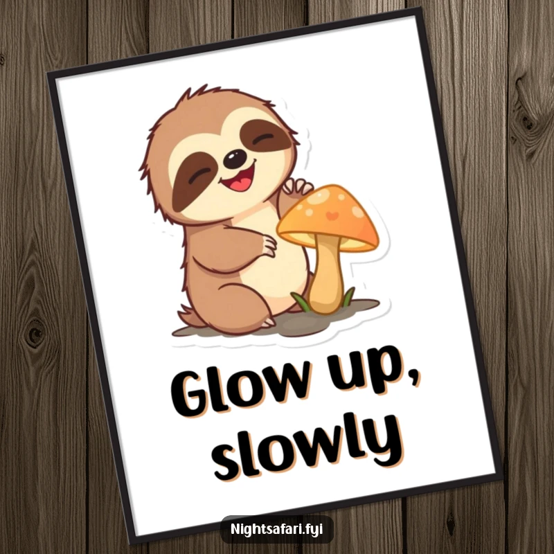 Funny sloth digital art print of a delighted sloth character slowly reaching for a glowing mushroom.