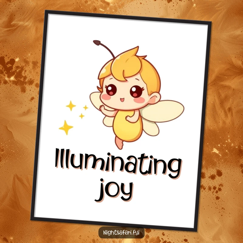 Funny digital art print of a playful firefly character zipping around, emitting a soft, enchanting light, a whimsical printable artwork.