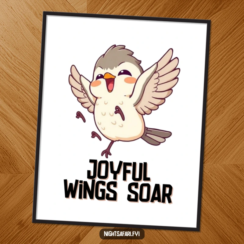 Funny digital art print of a giggling nightjar character taking flight with delight, perfect for instant download.