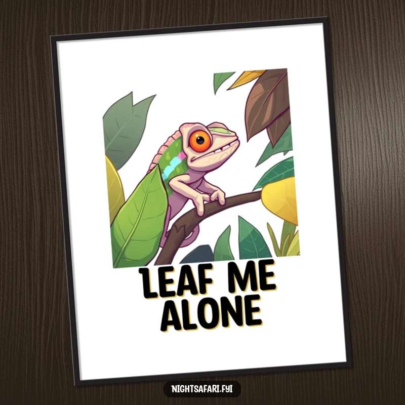 Funny digital art print of a determined chameleon perfectly camouflaged against a vibrant jungle leaf, offering a witty and stylish wall decor piece.