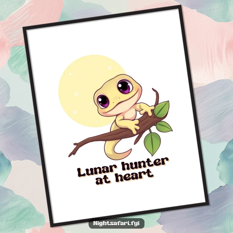 Funny digital art print of a cute gecko with large eyes, clinging to a moonlit branch, exuding charm.