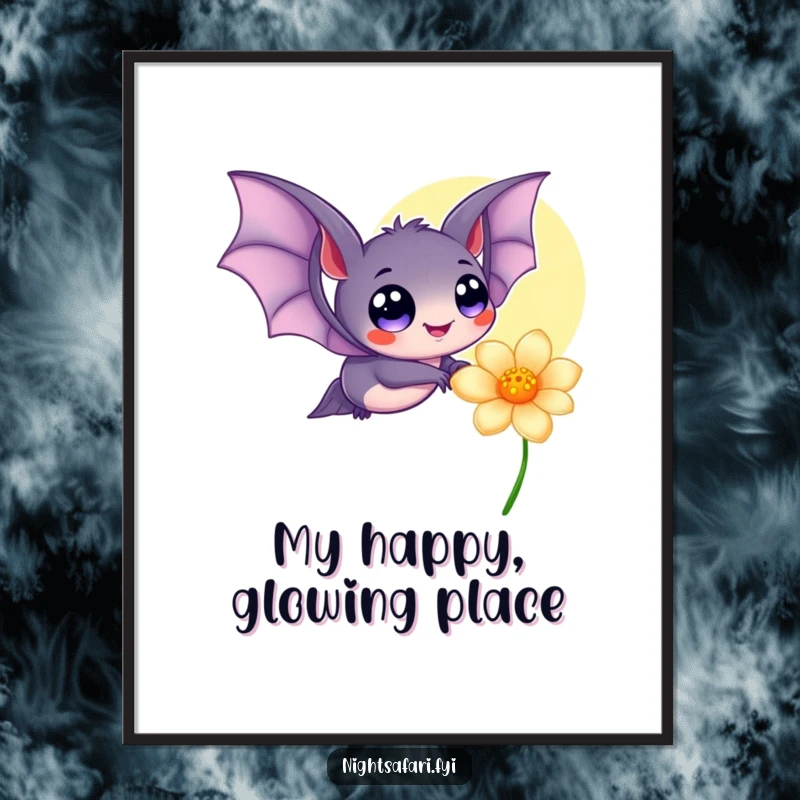 Funny digital art print of a cute bat with big, happy eyes, fluttering near a softly glowing flower, offering instant whimsical charm.