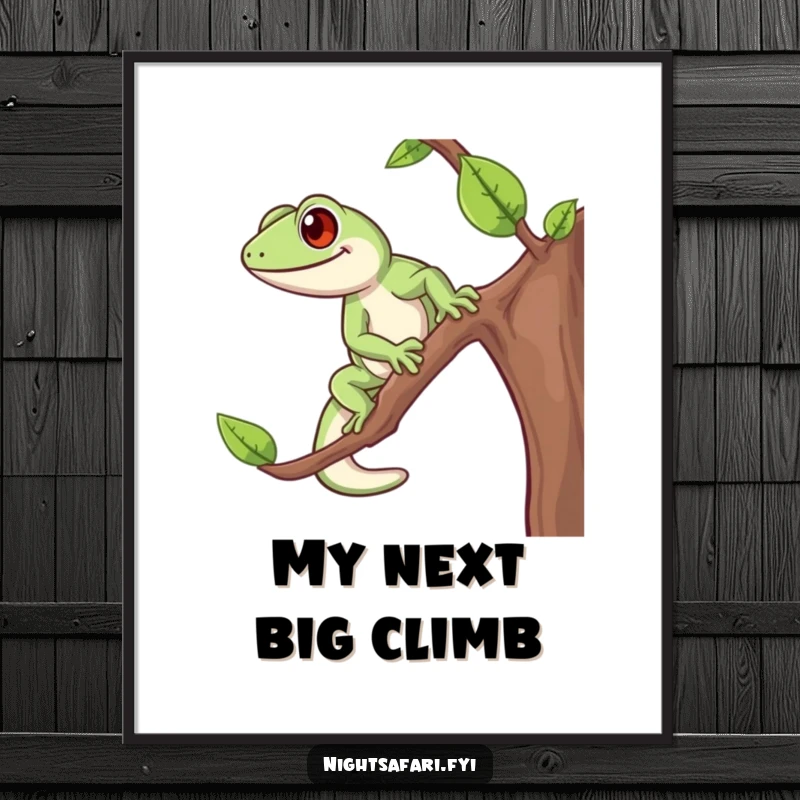 Funny Gecko Digital Art Print of an upbeat gecko with energetic steps, climbing joyfully, ready for immediate display.