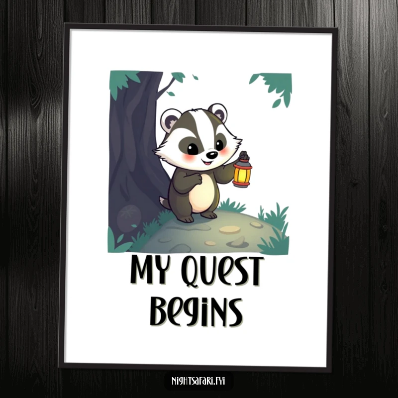 Funny badger artwork with a lantern exploring a dark path, perfect for digital download and adventurous decor.