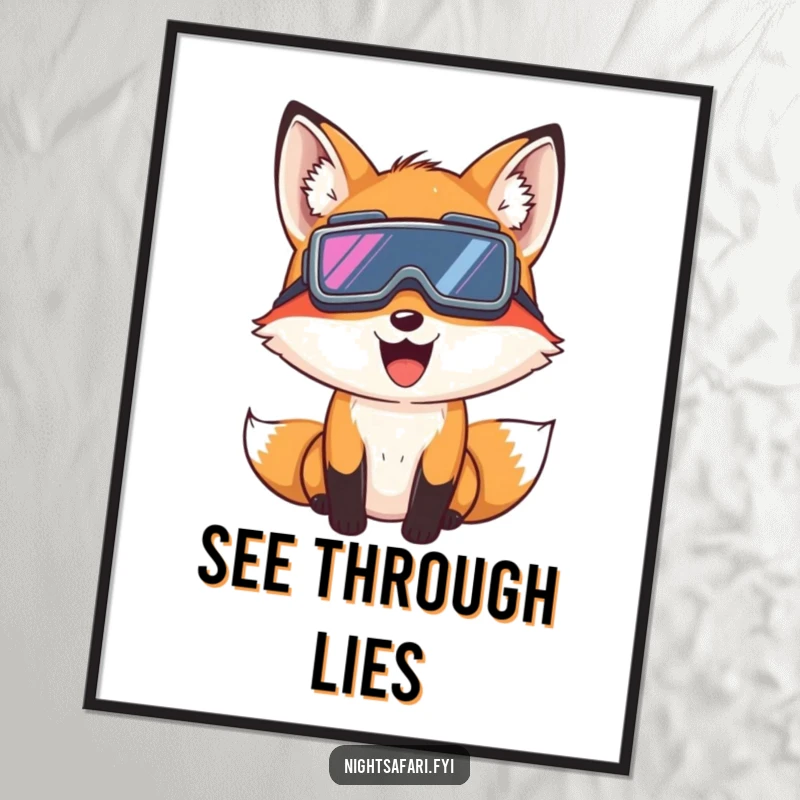 Funny Fox Night Vision Digital Art Print: A giggling fox wearing night vision goggles peeks, perfect for mysterious wall decor, a downloadable funny gift.