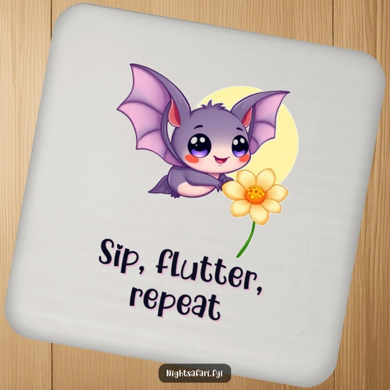 Funny coasters showcasing a cute bat with wide, happy eyes, fluttering near a luminous, glowing flower, protecting furniture with magic.