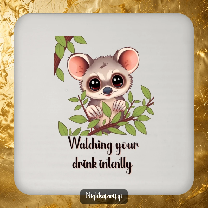 Funny Bushbaby Coaster Set: A curious bushbaby with big eyes peering from foliage, protecting furniture with humorous charm.